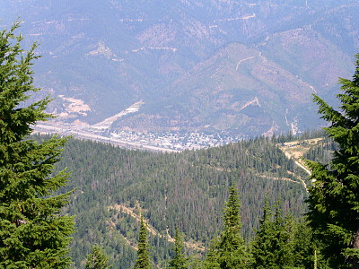 [There are evergreens which are bright green along the edges of the image, but most are a hazy brown because they are down at the valley level and the distance to the top is huge.]